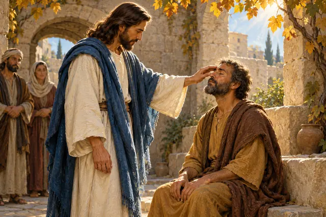 Jesus toca o rosto de um homem cego em um pátio de pedra iluminado pelo sol, com duas testemunhas ao fundo.