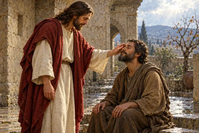 Jesus toca o rosto de um homem cego sentado em um pátio de pedra, sob raios de sol entre as nuvens.