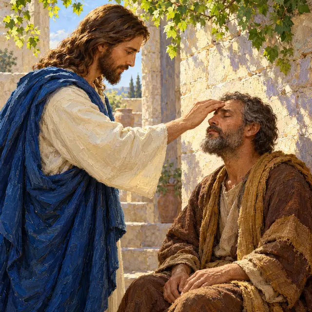 Jesus toca a testa de um homem cego sentado em um pátio de pedra, em pintura a óleo com luz suave da manhã.