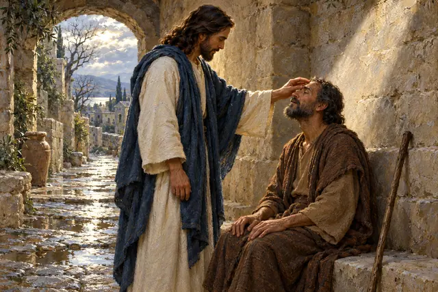 Jesus toca a testa de um homem cego sentado em um banco de pedra, em uma pintura a óleo iluminada pela luz da tarde.