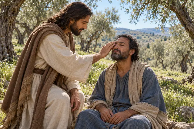 Jesus toca o rosto de um homem cego sentado em um olival iluminado, com flores brancas e colinas ao fundo.