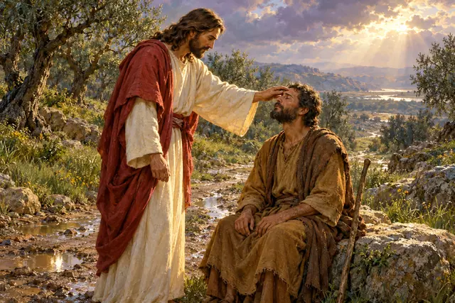 Jesus toca a testa de um homem cego sentado entre oliveiras, sob raios de sol após a chuva, em pintura a óleo.