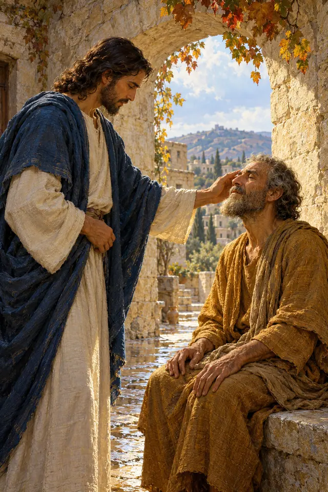 Pintura de Jesus tocando o rosto de um homem cego sentado sob um arco de pedra com folhas de outono.