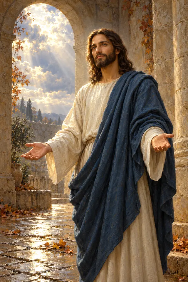 Jesus de braços abertos, com túnica clara e manto azul, em pátio de pedra banhado de luz e folhas de outono.