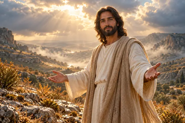Jesus de braços abertos em um vale rochoso, iluminado por raios de sol que atravessam as nuvens.