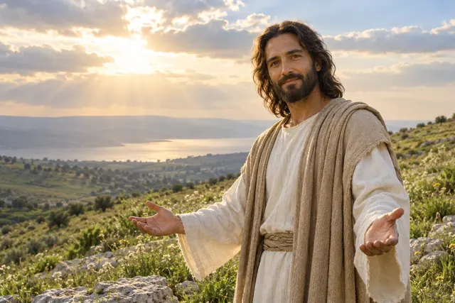 Jesus de braços abertos em uma encosta florida, com um lago ao fundo e raios de sol entre as nuvens.