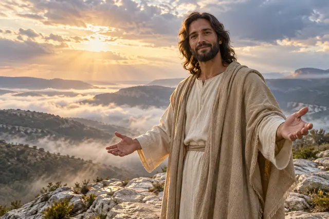 Jesus de braços abertos em uma elevação rochosa, com vales cobertos de névoa e raios de sol entre as nuvens.