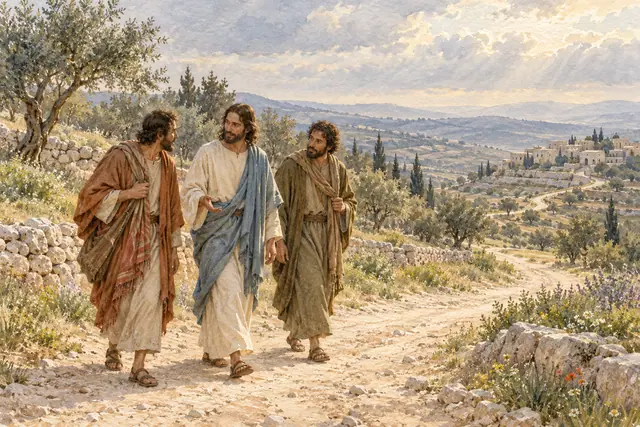 Aquarela de Jesus com dois discípulos na estrada de Emaús, entre oliveiras e flores, com uma vila ao fundo.