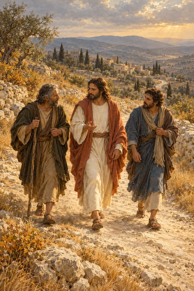 Jesus conversa com dois discípulos em uma estrada de terra para Emaús, com colinas e uma aldeia sob a luz da tarde.