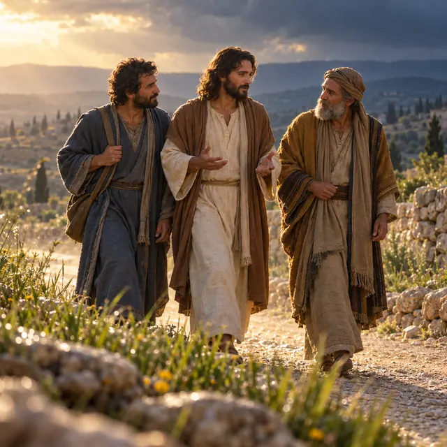 Jesus conversa com dois discípulos na estrada de Emaús, sob luz dourada entre nuvens, com colinas ao fundo.