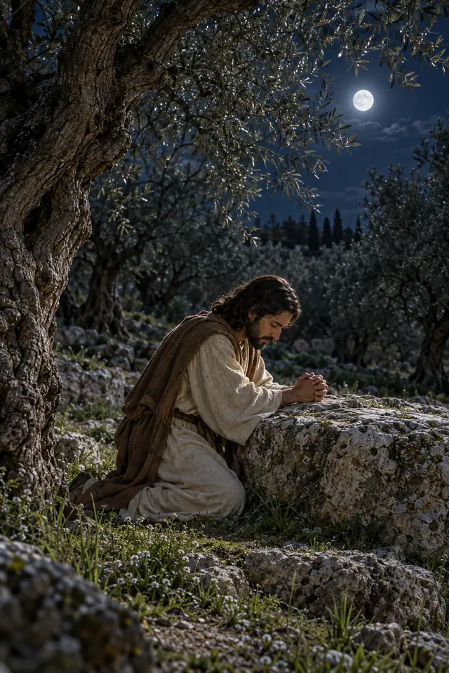 Jesus ajoelhado em oração junto a uma rocha, sob oliveiras iluminadas pela lua cheia no Getsêmani.
