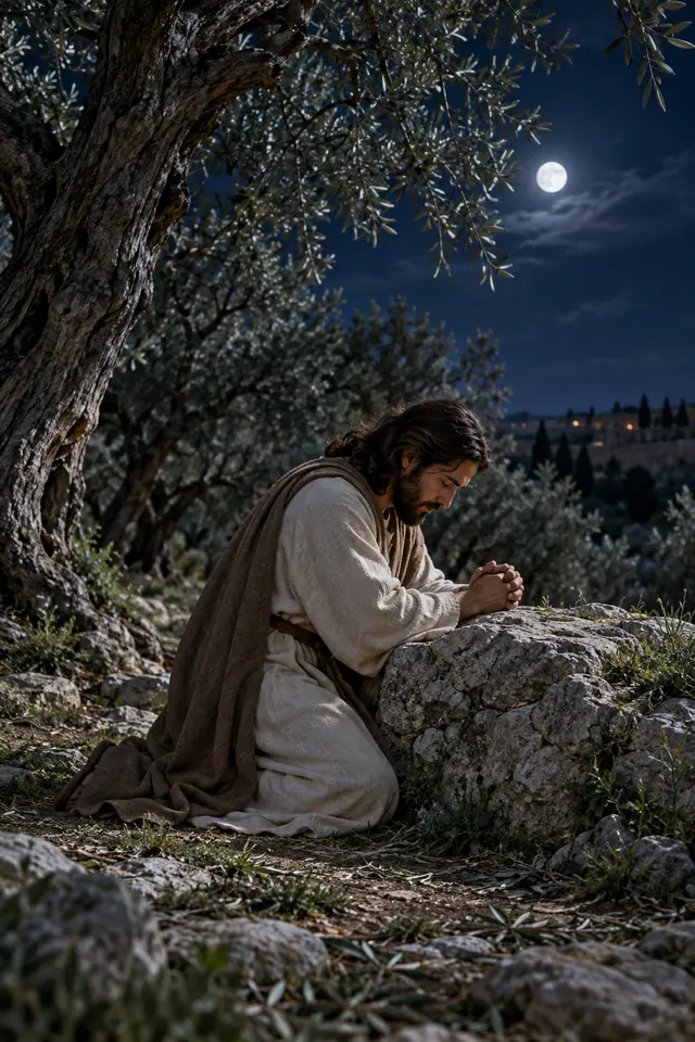 Jesus ajoelhado em oração junto a uma rocha no Getsêmani, entre oliveiras sob a luz da lua.