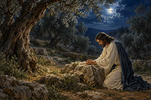 Jesus ajoelhado em oração junto a uma rocha, entre oliveiras do Getsêmani sob a luz da lua.