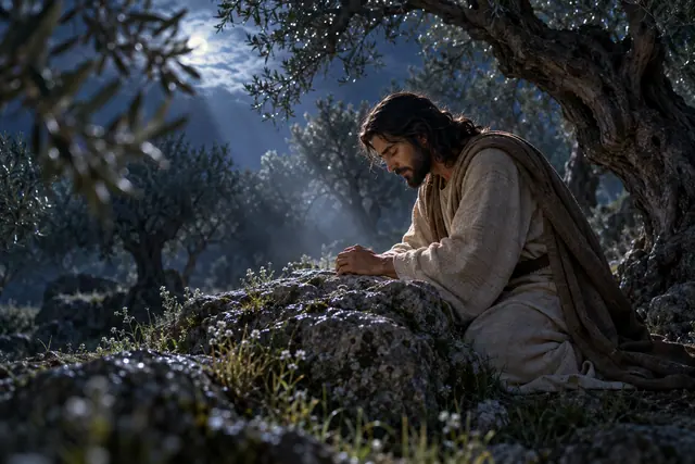 Jesus ajoelhado em oração junto a uma rocha, entre oliveiras iluminadas pela lua no jardim do Getsêmani.