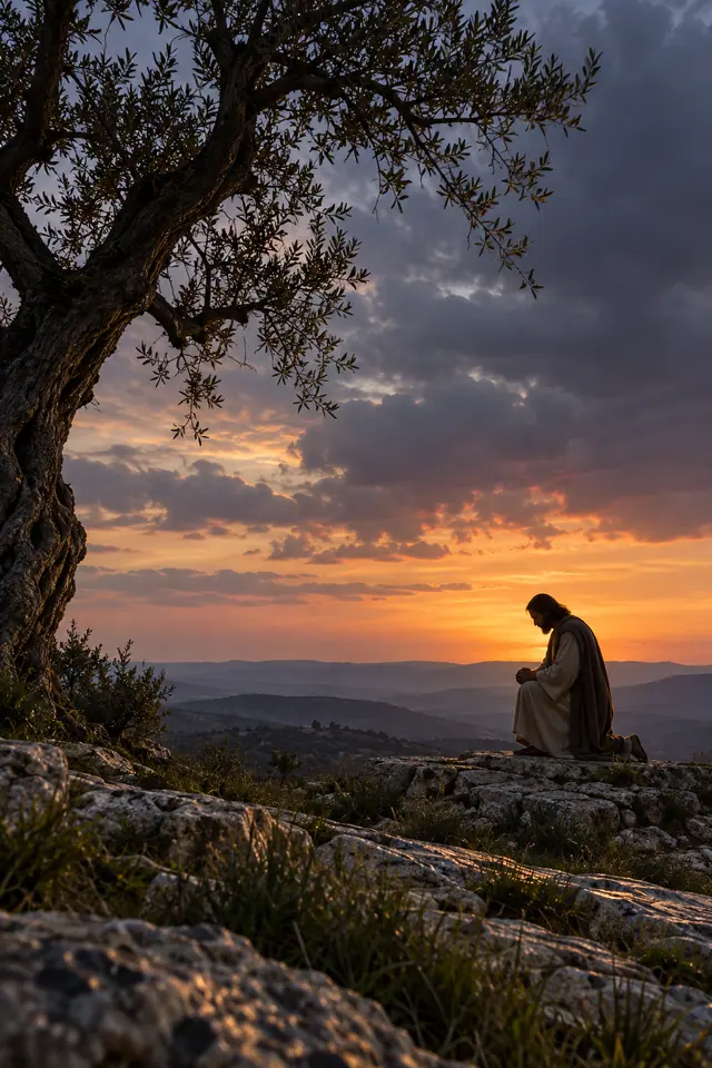 Jesus ajoelhado em oração numa colina rochosa, sob uma oliveira, com céu alaranjado ao pôr do sol.