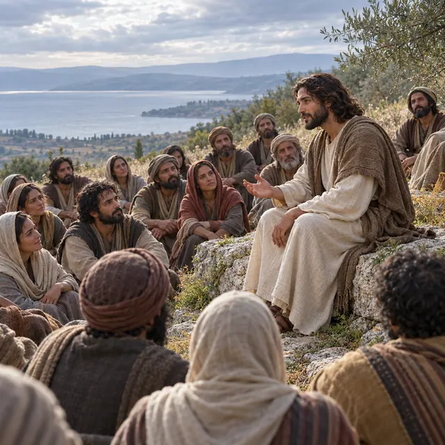 Jesus sentado em uma rocha ensina a um grupo na encosta, com oliveiras e o mar da Galileia ao fundo.