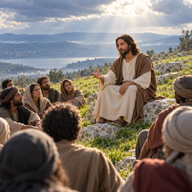 Jesus ensina uma multidão sentada na encosta, com raios de sol entre nuvens e um lago ao fundo.