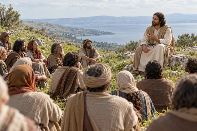 Jesus ensina a uma multidão sentada na encosta florida, com o mar da Galileia e colinas ao fundo.