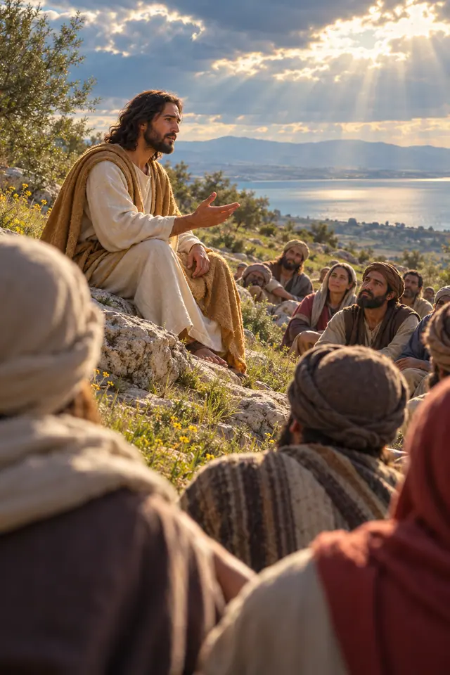 Jesus ensina ouvintes em uma colina com flores, sob raios de sol, com um lago e montanhas ao fundo.