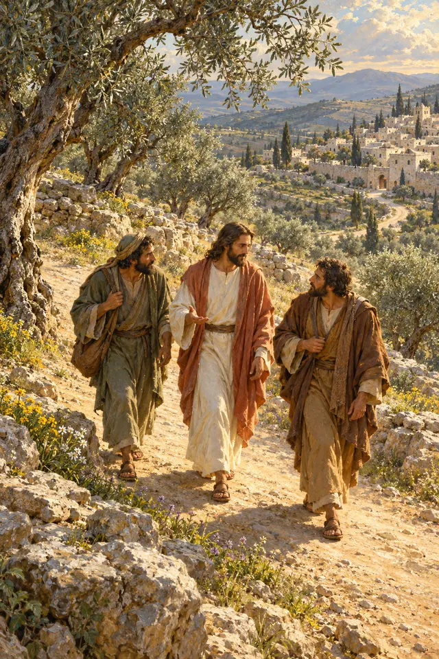 Jesus conversa com dois discípulos em uma estrada entre oliveiras, com um povoado ao fundo sob a luz dourada.