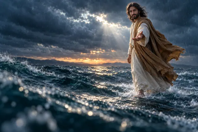 Jesus estende a mão sobre o mar agitado, sob chuva e raios de luz que atravessam nuvens escuras.
