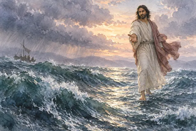 Jesus estende a mão sobre ondas agitadas ao amanhecer, com um barco ao fundo, em aquarela.