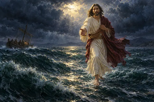 Jesus caminha sobre o mar agitado e estende a mão, com luz entre nuvens e um barco de discípulos ao fundo.