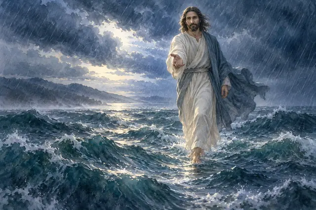 Aquarela de Jesus caminhando sobre ondas na chuva, com a mão estendida e luz entre nuvens azuis.
