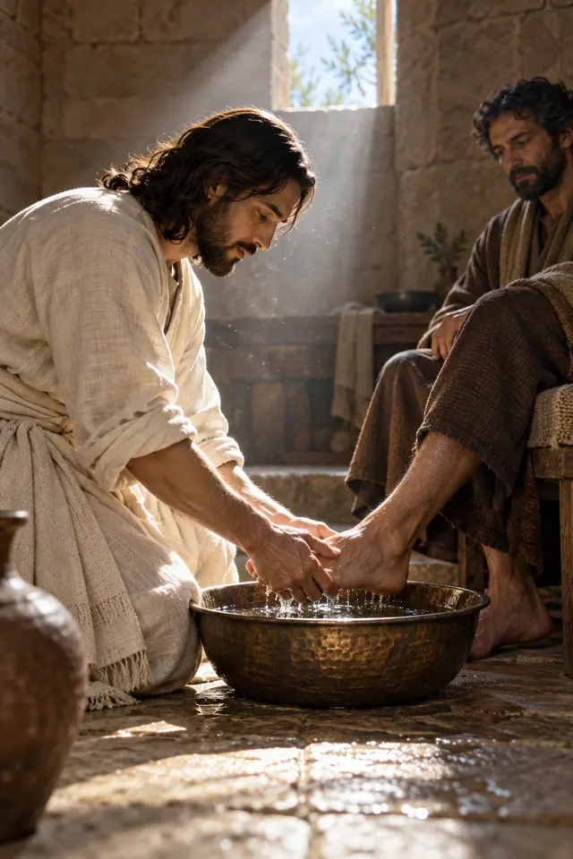Jesus ajoelhado lava os pés de um discípulo em uma bacia de metal, sob a luz que entra pela janela.