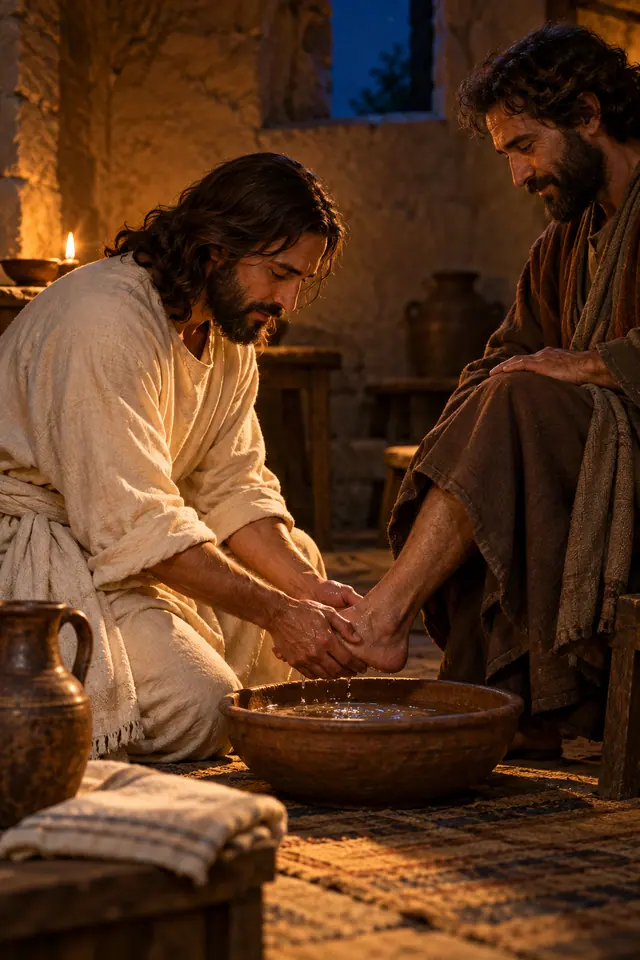 Jesus ajoelhado lava os pés de um discípulo sobre uma bacia de cerâmica, à luz quente de uma lamparina.