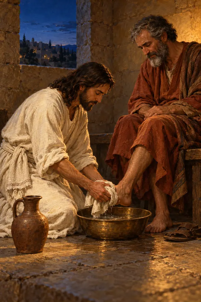 Jesus ajoelhado lava o pé de um discípulo sobre uma bacia de bronze, em um aposento de pedra ao anoitecer.
