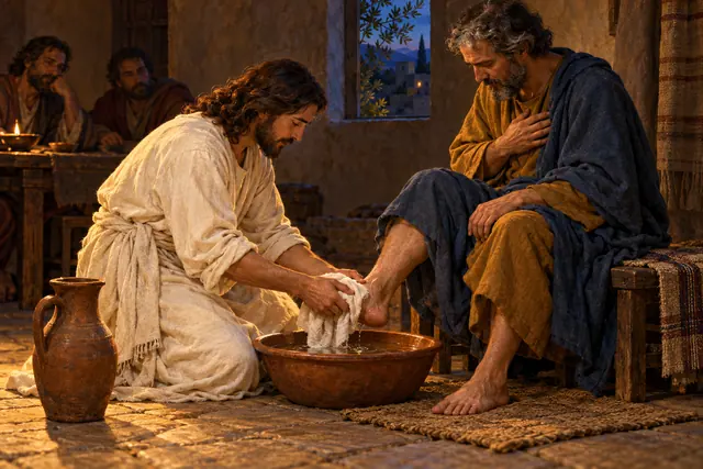 Jesus ajoelhado lava os pés de um discípulo em uma bacia de barro, enquanto dois homens observam ao fundo.