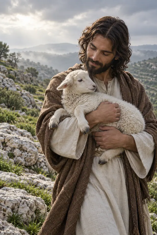 Jesus com túnica clara e manto marrom segura um cordeiro branco entre rochas e colinas sob um céu nublado.