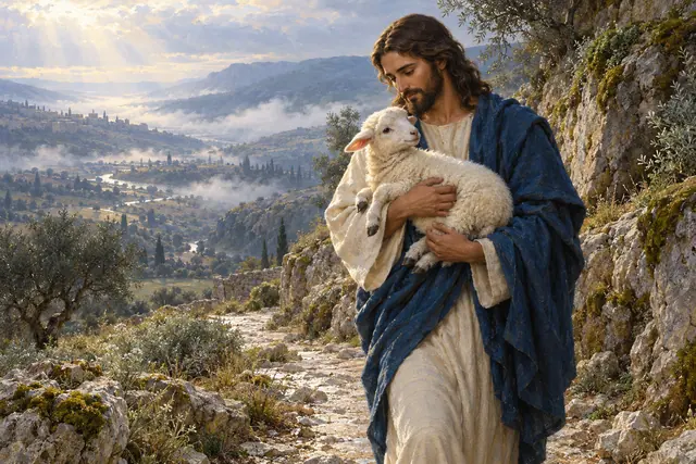Jesus com manto azul carrega um cordeiro branco em um caminho de pedras, diante de um vale com névoa e luz da manhã.