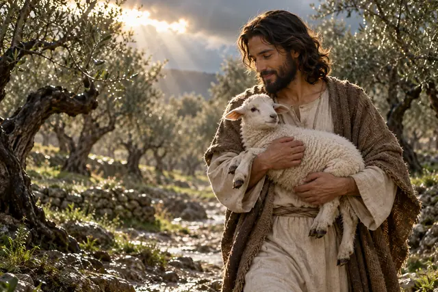 Jesus segura um cordeiro branco nos braços em um olival, iluminado por raios de sol após a chuva.