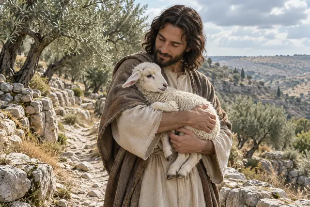 Jesus carrega um cordeiro branco nos braços em um caminho de pedras entre oliveiras e colinas.