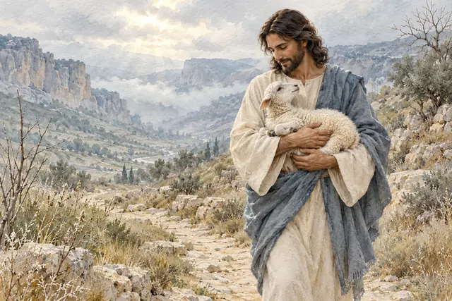 Jesus com túnica clara e manto azul carrega um cordeiro em um vale rochoso, em aquarela sobre papel texturizado.