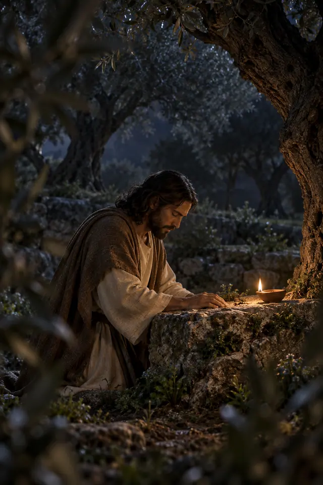 Jesus ajoelhado em oração junto a uma pedra, iluminado por uma lamparina entre oliveiras à noite no Getsêmani.