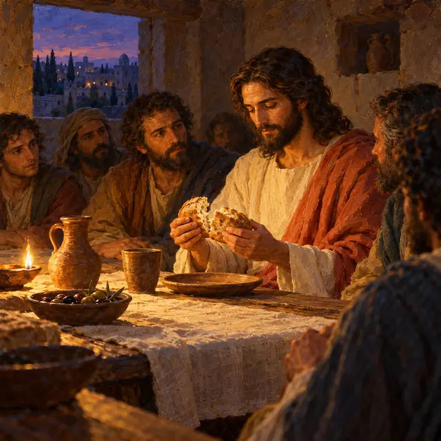 Pintura de Jesus partindo o pão entre discípulos, à luz de uma lamparina, com Jerusalém ao entardecer pela janela.