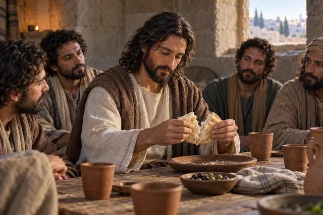 Jesus parte o pão à mesa com os discípulos na Última Ceia, em um ambiente de pedra iluminado pela luz natural.
