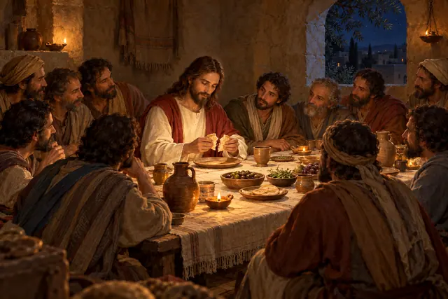 Jesus parte o pão entre os discípulos na Última Ceia, com lamparinas sobre a mesa e céu noturno à janela.