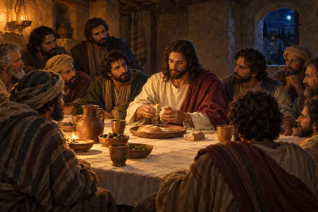 Jesus parte o pão entre os discípulos na Última Ceia, à luz de lamparinas, com a lua ao fundo.