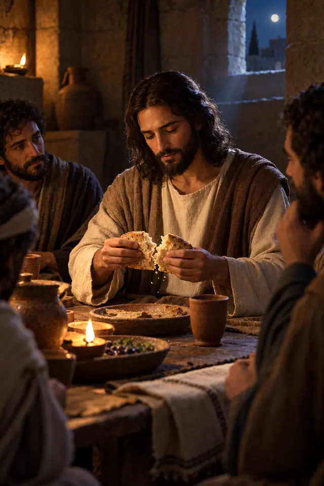 Jesus parte o pão entre discípulos na Última Ceia, com lamparinas acesas e luar entrando pela janela.