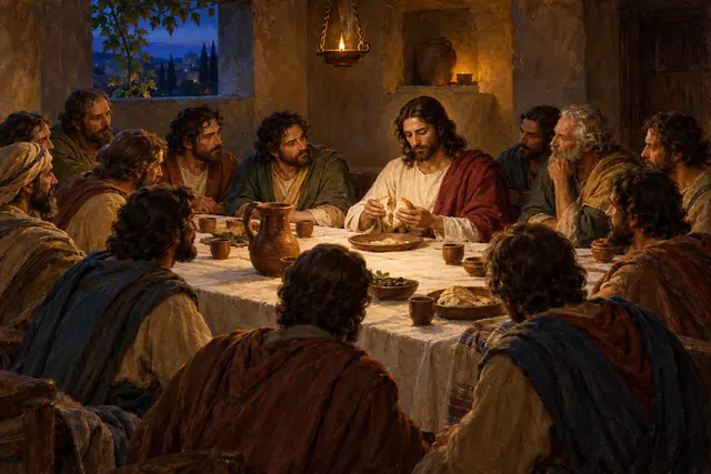 Jesus parte o pão entre os discípulos na Última Ceia, sob a luz dourada de uma lamparina, em pintura a óleo.