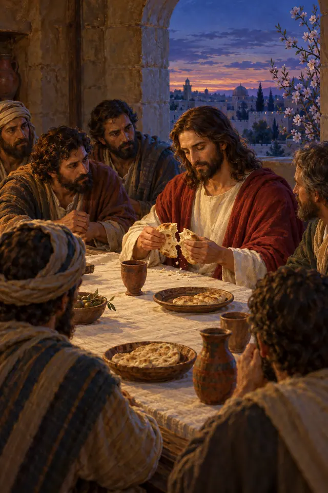 Jesus parte o pão entre discípulos na Última Ceia, com céu do entardecer e um ramo florido ao fundo.