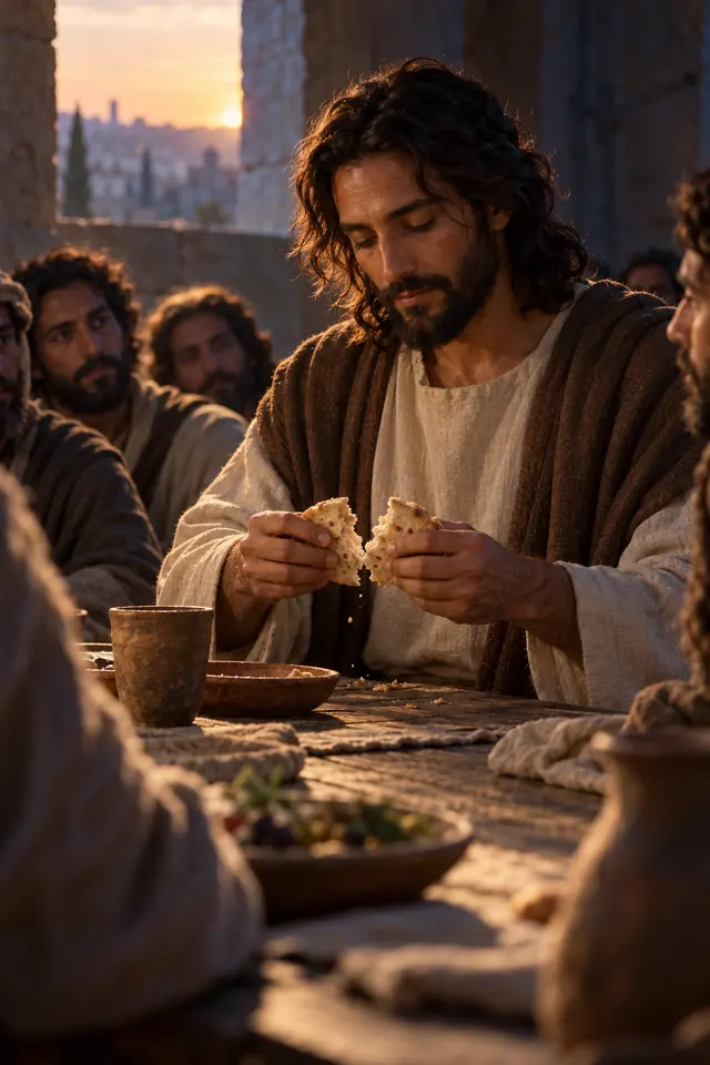 Jesus parte o pão entre os discípulos na Última Ceia, com luz do pôr do sol entrando pela janela de pedra.