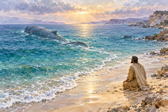 Aquarela de Jonas ajoelhado na praia enquanto um grande peixe retorna ao mar sob a luz do amanhecer.