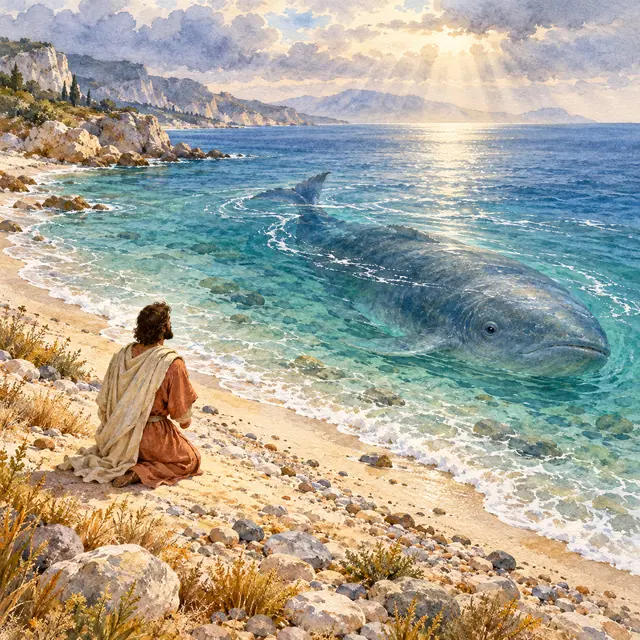 Aquarela de Jonas ajoelhado na praia diante de um grande peixe em águas claras, sob raios de sol entre nuvens.