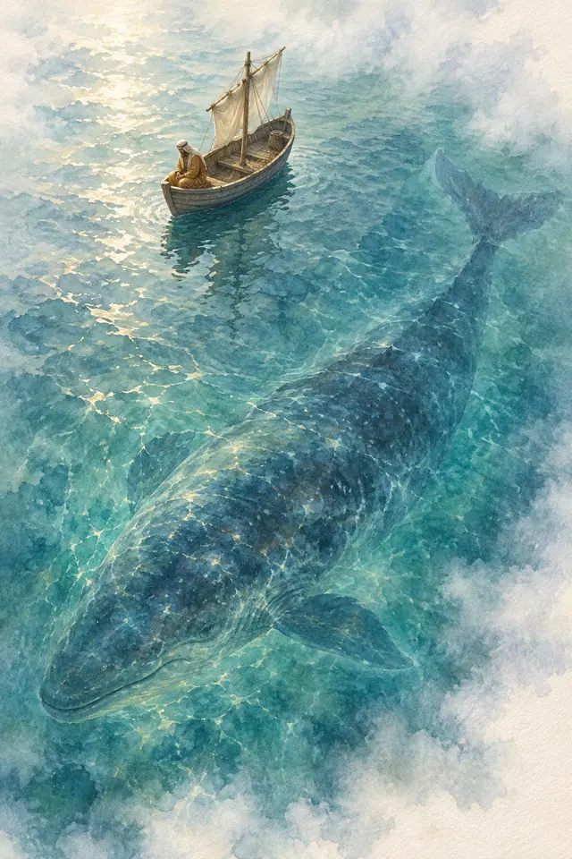 Aquarela de Jonas em um barco de madeira e um grande peixe sob o mar transparente, vistos do alto.