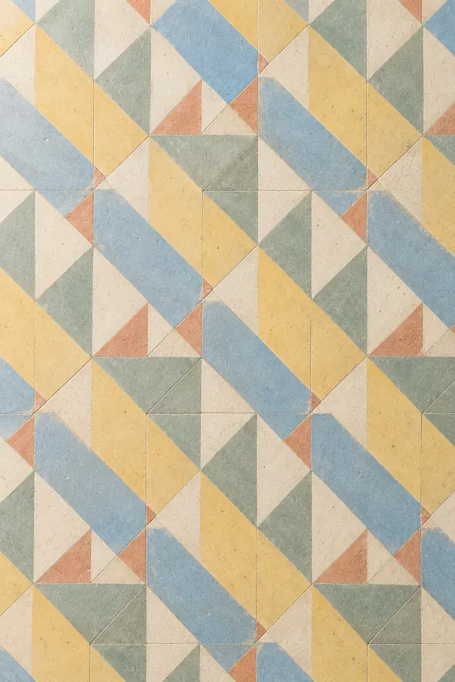 Ladrilhos foscos com triângulos e faixas diagonais em azul, amarelo, verde-sálvia, marfim e terracota clara.